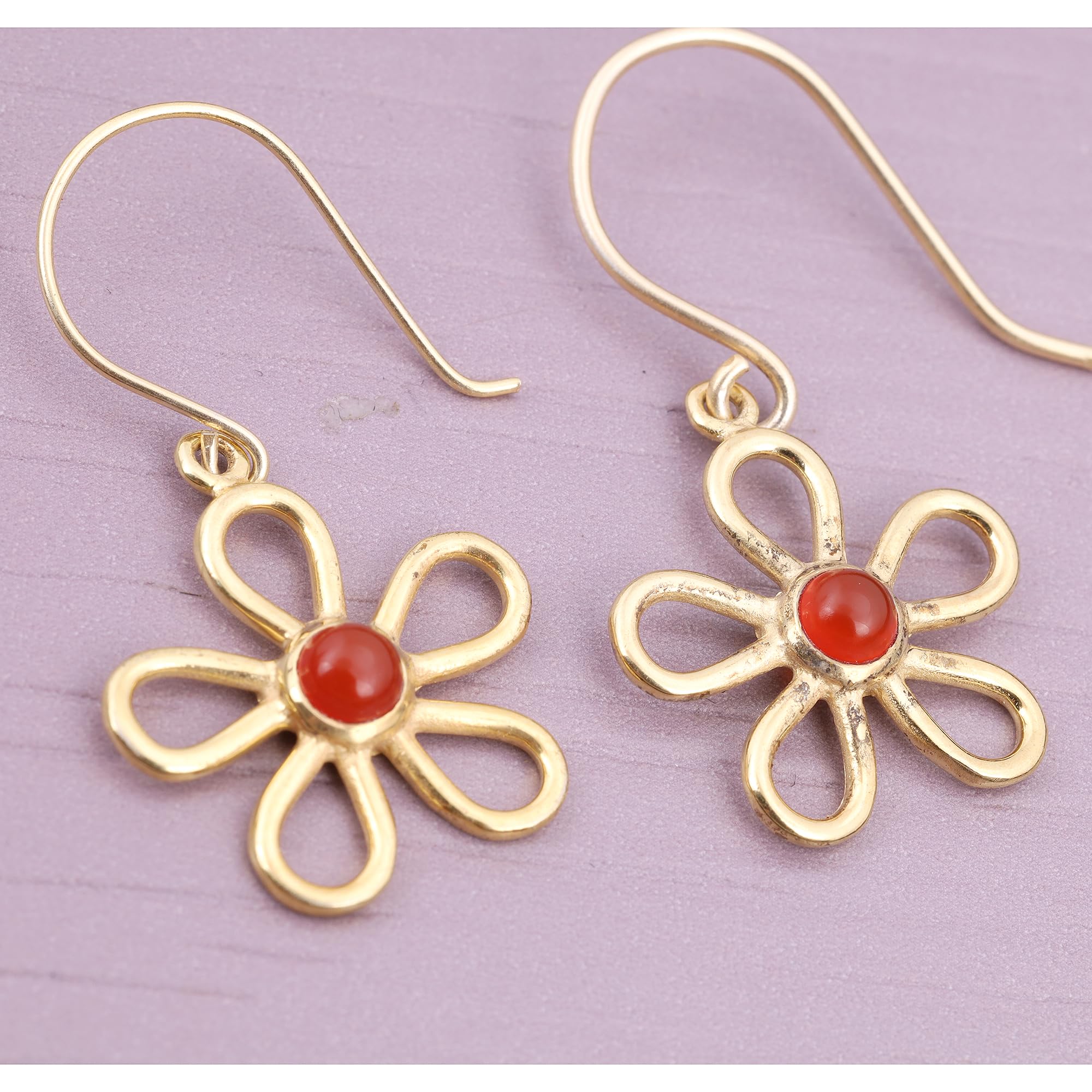 Carnelian Earring Floral Earring Yellow Gold Brass Earring Bohemian Earring