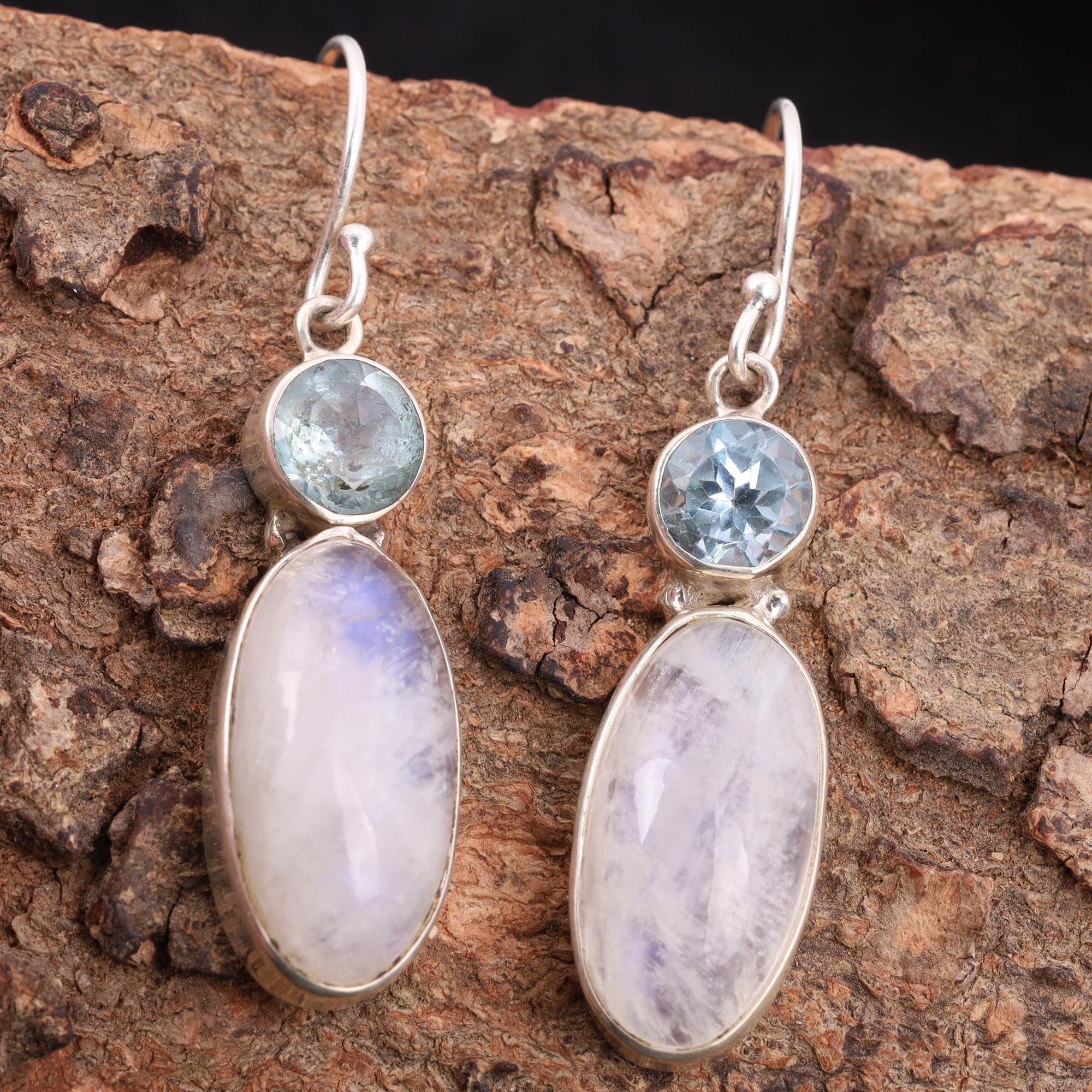 Rainbow Moonstone & Blue Topaz Earring
